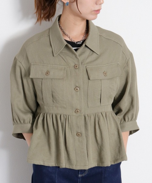 cepo(セポ)の「〈セットアップ対応〉LINENミックス フリルギャザーワークシャツ(シャツ/ブラウス・レディース・チャコール/オリーブ・M)」の3枚目の写真