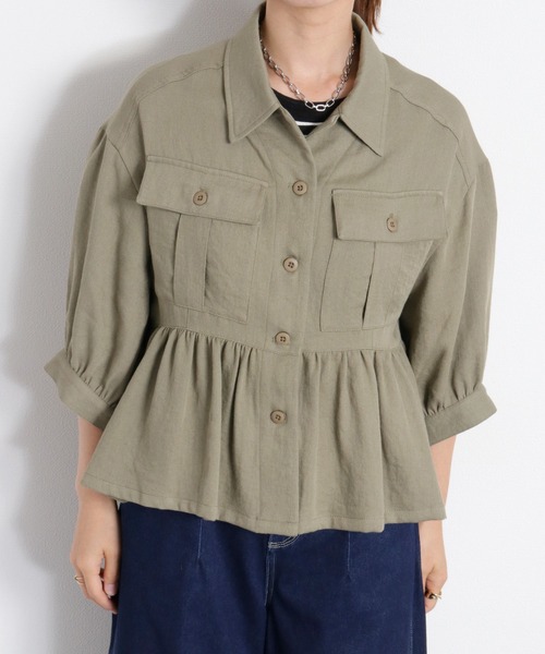 cepo(セポ)の「〈セットアップ対応〉LINENミックス フリルギャザーワークシャツ(シャツ/ブラウス・レディース・チャコール/オリーブ・M)」の4枚目の写真