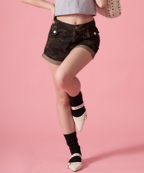 mindseeker girls(マインドシーカーガールズ)の「Iron Cross Camouflage Denim Shorts / アイアンクロス迷彩デニムショートパンツ(デニムパンツ・レディース・カーキ・S/M)」の6枚目の写真