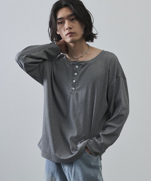 セール】Deep Henley Neck Ribbed Long Sleeve T-Shirt / ディープ