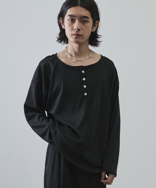 セール】Deep Henley Neck Ribbed Long Sleeve T-Shirt / ディープ