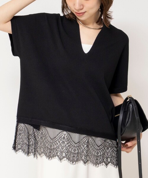 NOLLEY’S(ノーリーズ)の「《手洗い可能》裾レースニットプルオーバー(ニット/セーター・レディース・キナリ/ベージュ系その他3/ブラック・FREE)」の2枚目の写真