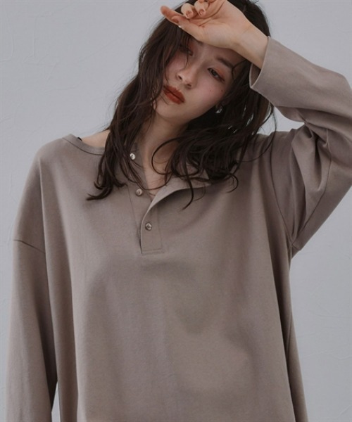 Soiunique（スワユニーク）の「ヘンリーネック綿１００％ヘビーウェイト長袖Ｔシャツ［Soiunique］（Tシャツ/カットソー・レディース・オフホワイト/ダークネイビー/チャコールグレー/モカ・FREE）」の3枚目の写真