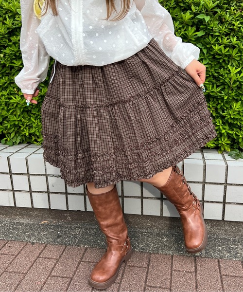 WC(ダブル シー)の「チェックフリルミドルスカート(スカート・レディース・ブラック/ブラウン・FREE)」の1枚目の写真