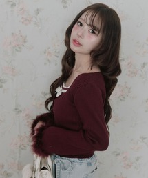 袖ファーカーディガンアンサンブル