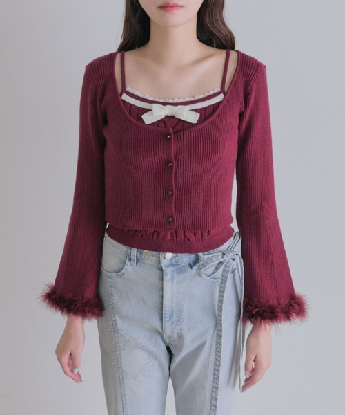 OLIVE des OLIVE(オリーブデオリーブ)の「袖ファーカーディガンアンサンブル(アンサンブル・レディース・ボルドー/ピンク/オフホワイト/ブラック・FREE)」の14枚目の写真