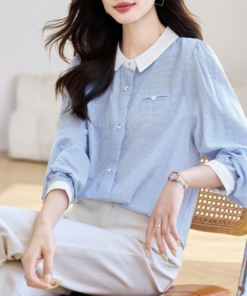 ONEP STAR(ワンピスター)の「丸襟配色ストライプ長袖シャツ(シャツ/ブラウス・レディース・ストライプ・MEDIUM/X-LARGE/LARGE)」の2枚目の写真