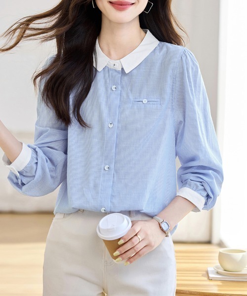 ONEP STAR(ワンピスター)の「丸襟配色ストライプ長袖シャツ(シャツ/ブラウス・レディース・ストライプ・MEDIUM/X-LARGE/LARGE)」の4枚目の写真