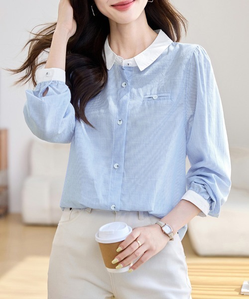 ONEP STAR(ワンピスター)の「丸襟配色ストライプ長袖シャツ(シャツ/ブラウス・レディース・ストライプ・MEDIUM/X-LARGE/LARGE)」の5枚目の写真