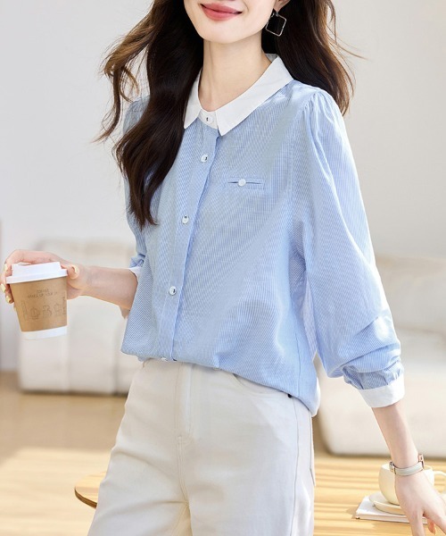 ONEP STAR(ワンピスター)の「丸襟配色ストライプ長袖シャツ(シャツ/ブラウス・レディース・ストライプ・MEDIUM/X-LARGE/LARGE)」の7枚目の写真