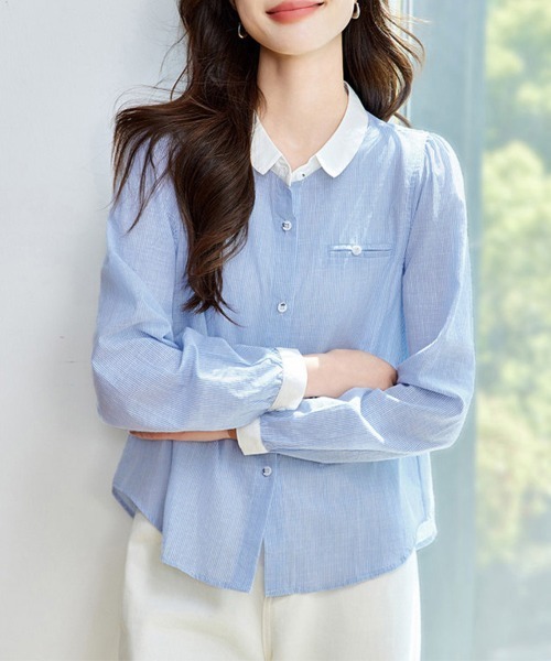 ONEP STAR(ワンピスター)の「丸襟配色ストライプ長袖シャツ(シャツ/ブラウス・レディース・ストライプ・MEDIUM/X-LARGE/LARGE)」の10枚目の写真