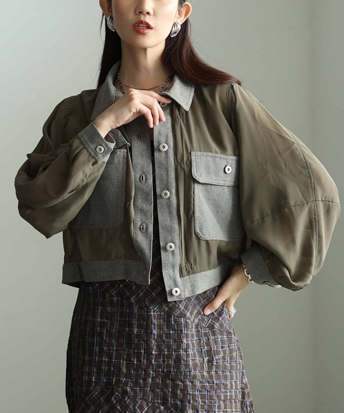 Sawa a la mode（サワアラモード）の「デニムドッキングシアーショートジャケット（その他アウター・レディース・ブラック/カーキ・FREE）」の2枚目の写真