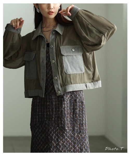 Sawa a la mode（サワアラモード）の「デニムドッキングシアーショートジャケット（その他アウター・レディース・ブラック/カーキ・FREE）」の3枚目の写真