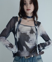 マーブル柄袖シャーリングシアートップス/チョーカー付き