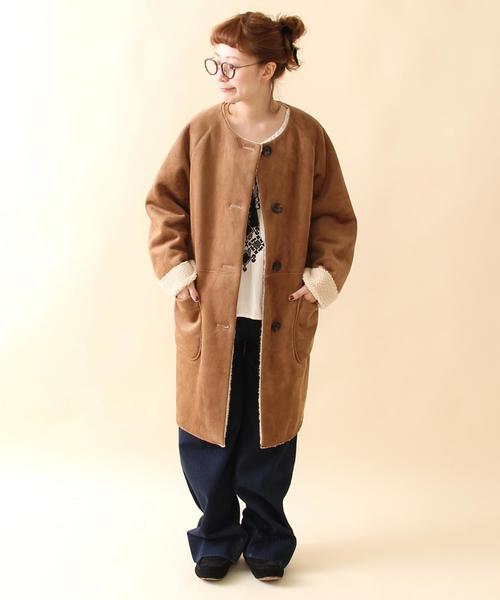 coen（コーエン）の「フェイクムートンコート（ムートンコート・レディース・ブラウン/ネイビー・MEDIUM/LARGE）」の3枚目の写真