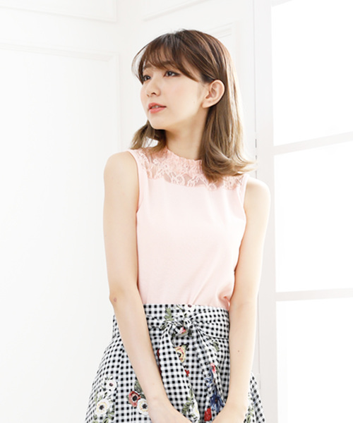 Girly Doll（ガーリードール）の「花柄レース切り替えタンクトップ（シャツ/ブラウス・レディース・ホワイト/ライトブルー/ブラック/ピンク・FREE）」の4枚目の写真