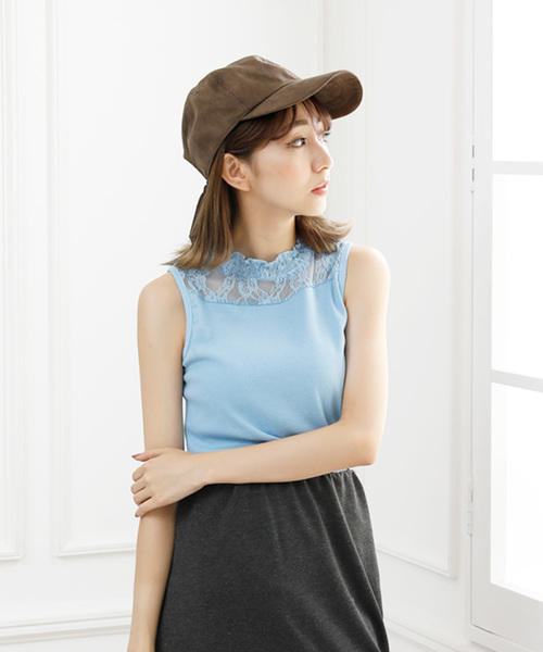 Girly Doll（ガーリードール）の「花柄レース切り替えタンクトップ（シャツ/ブラウス・レディース・ホワイト/ライトブルー/ブラック/ピンク・FREE）」の2枚目の写真