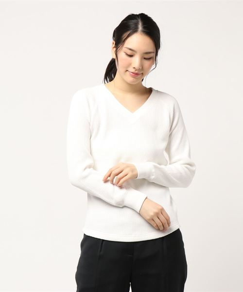 AMERICAN HOLIC（アメリカンホリック）の「度詰めワッフルVネックカットプルオーバー（Tシャツ/カットソー・レディース・ブラック/オフホワイト/ベージュ系その他2・M/L）」の6枚目の写真