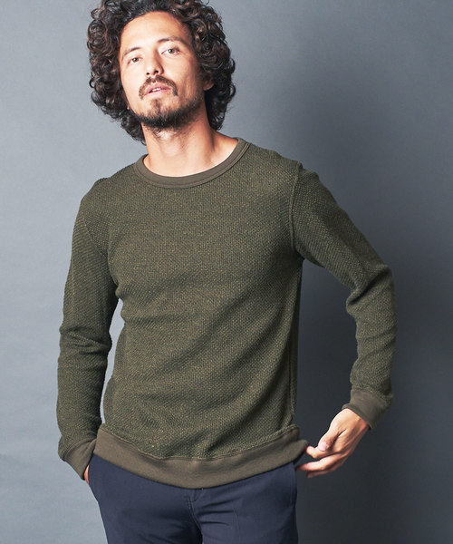Magine(マージン)の「CTN/W TUCK W FACE C/N KNIT SAWL/S:コットン/ウール ダブルフェイス ニットソー(Tシャツ/カットソー)」|オリーブ