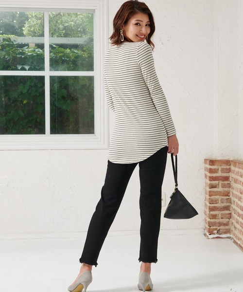 SweetMommy（スウィートマミー）の「しっかりコットンリブ素材 シンプル授乳服トップス（マタニティウェア/グッズ・レディース・ブラック/アイボリー/オフホワイト/ホワイト×グレー/ホワイト×ブラック・L/M）」の22枚目の写真