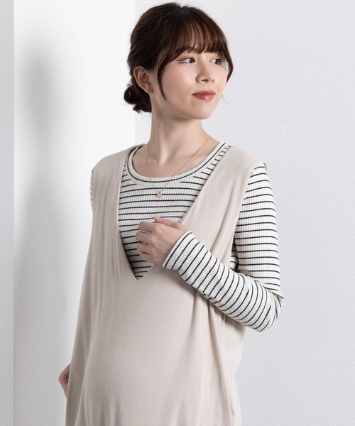 SweetMommy（スウィートマミー）の「しっかりコットンリブ素材 シンプル授乳服トップス（マタニティウェア/グッズ・レディース・ブラック/アイボリー/オフホワイト/ホワイト×グレー/ホワイト×ブラック・L/M）」の15枚目の写真