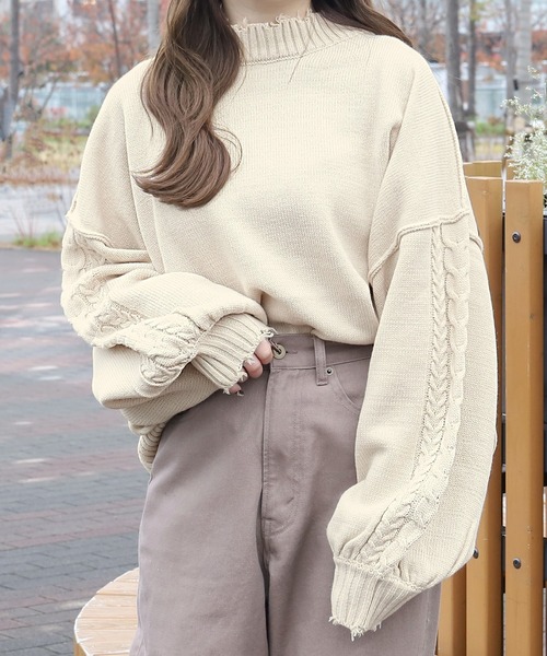 PairPair(ペアペア)の「袖ケーブルダメージニット(ニット/セーター・レディース・ベージュ/ブルー/モカ・FREE)」の6枚目の写真