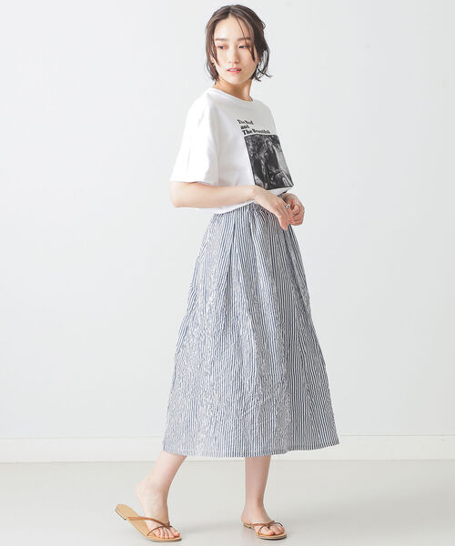 BEAMS LIGHTS（ビームスライツ）の「BEAMS LIGHTS / ストライプ ギャザー スカート（スカート・レディース・ベージュ/ブルー・ONE SIZE）」の13枚目の写真