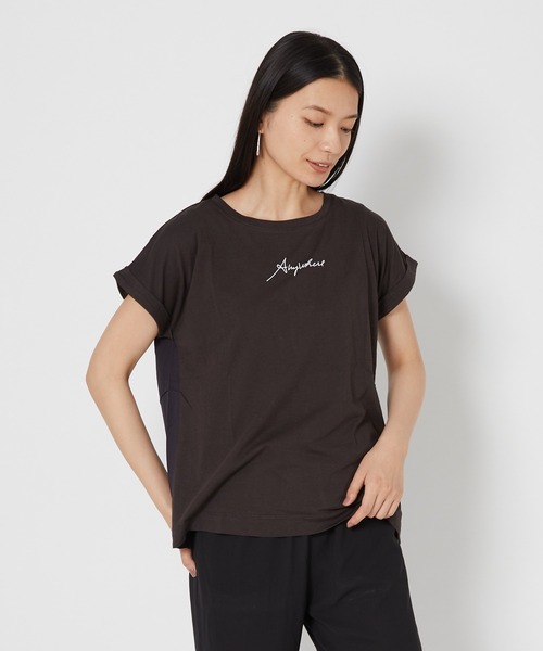 shop DADA(ショップダダ)の「袖折り返しTシャツ(1S15-350106)(Tシャツ/カットソー・レディース・チャコールグレー/ホワイト/ブルー系・FREE)」の1枚目の写真