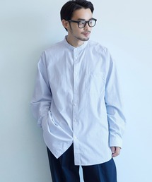 メンズ バンドカラールーズシルエットストライプシャツ