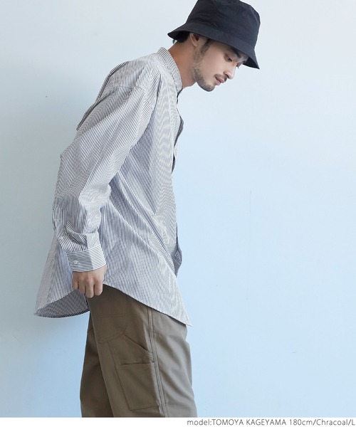 coca（coca）（コカ）の「メンズ バンドカラールーズシルエットストライプシャツ（シャツ/ブラウス・メンズ・チャコールグレー/ブルー・M/L/XL）」の14枚目の写真