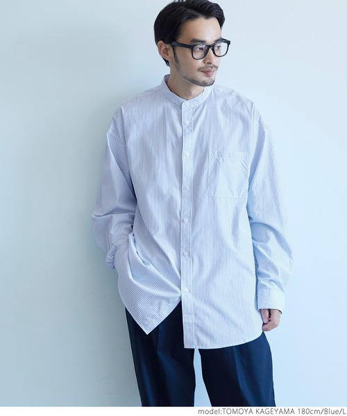 coca（coca）（コカ）の「メンズ バンドカラールーズシルエットストライプシャツ（シャツ/ブラウス・メンズ・チャコールグレー/ブルー・M/L/XL）」の9枚目の写真