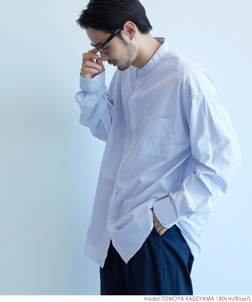 coca（coca）（コカ）の「メンズ バンドカラールーズシルエットストライプシャツ（シャツ/ブラウス・メンズ・チャコールグレー/ブルー・M/L/XL）」の7枚目の写真