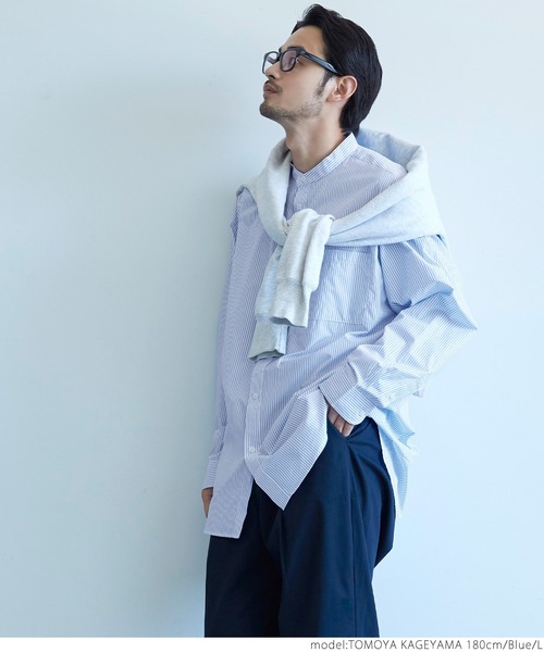 coca（coca）（コカ）の「メンズ バンドカラールーズシルエットストライプシャツ（シャツ/ブラウス・メンズ・チャコールグレー/ブルー・M/L/XL）」の5枚目の写真