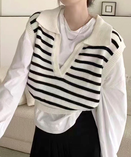 Futier land（フューティアランド）の「キーネックボーダーニットベスト（ベスト・レディース・ホワイト/ブラック・FREE）」の3枚目の写真