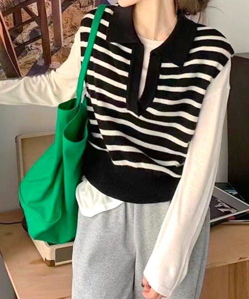 Futier land（フューティアランド）の「キーネックボーダーニットベスト（ベスト・レディース・ホワイト/ブラック・FREE）」の11枚目の写真