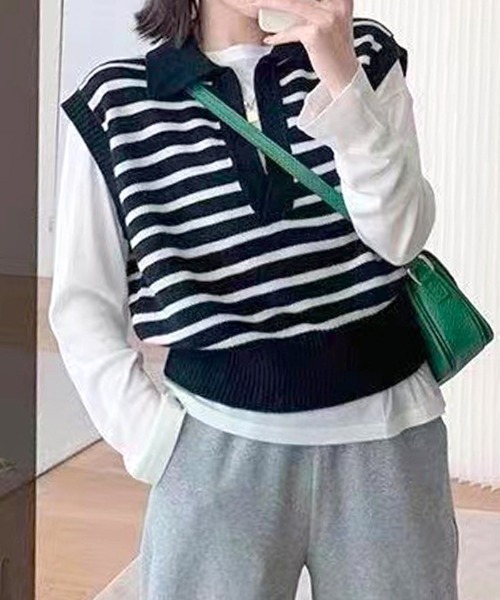 Futier land（フューティアランド）の「キーネックボーダーニットベスト（ベスト・レディース・ホワイト/ブラック・FREE）」の8枚目の写真