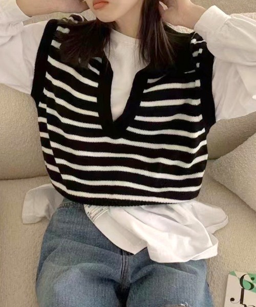 Futier land（フューティアランド）の「キーネックボーダーニットベスト（ベスト・レディース・ホワイト/ブラック・FREE）」の5枚目の写真