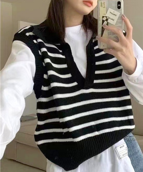 Futier land（フューティアランド）の「キーネックボーダーニットベスト（ベスト・レディース・ホワイト/ブラック・FREE）」の14枚目の写真