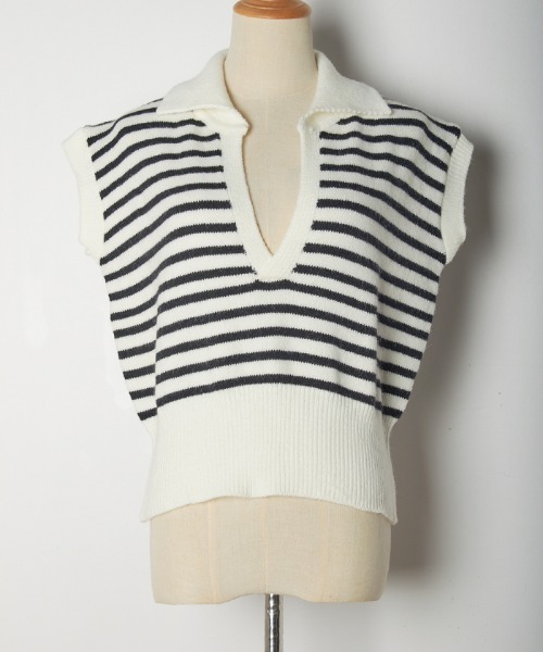 Futier land（フューティアランド）の「キーネックボーダーニットベスト（ベスト・レディース・ホワイト/ブラック・FREE）」の6枚目の写真