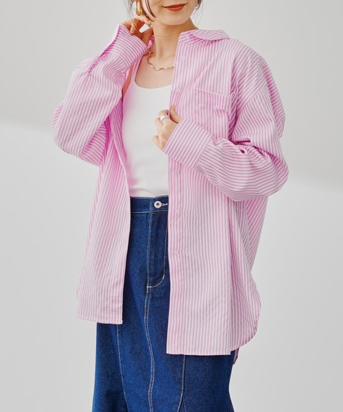 prose verse（プロズヴェール）の「カラーストライプオーバーサイズシャツ（シャツ/ブラウス・レディース・グリーン/ブルー/ピンク・ﾌﾘ-）」の3枚目の写真