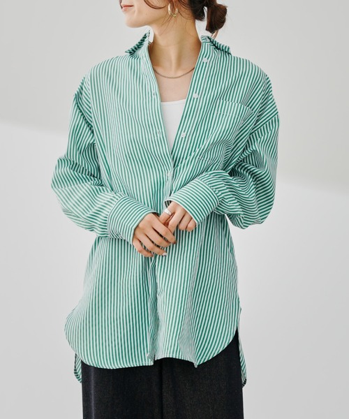prose verse（プロズヴェール）の「カラーストライプオーバーサイズシャツ（シャツ/ブラウス・レディース・グリーン/ブルー/ピンク・ﾌﾘ-）」の2枚目の写真