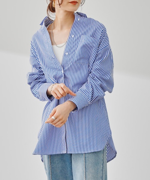 prose verse（プロズヴェール）の「カラーストライプオーバーサイズシャツ（シャツ/ブラウス・レディース・グリーン/ブルー/ピンク・ﾌﾘ-）」の4枚目の写真