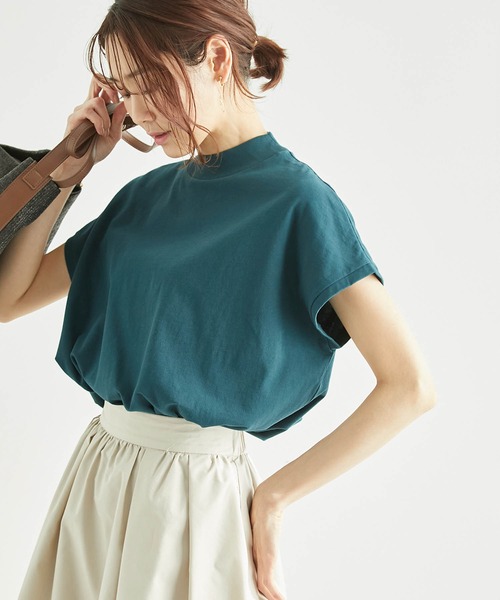 ROPE' PICNIC(ロペピクニック)の「ラク美tee/TRUE COTTONモックネックフレンチスリーブトップス(Tシャツ/カットソー)」|グリーン