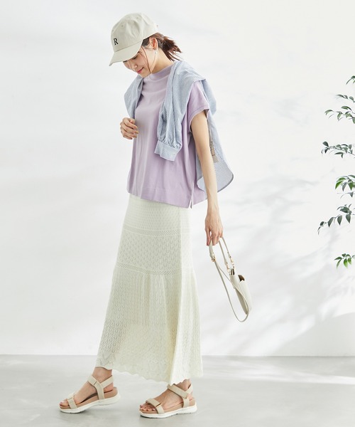 ROPE' PICNIC（ロペピクニック）の「ラク美tee/TRUE COTTONモックネックフレンチスリーブトップス（Tシャツ/カットソー・レディース・ブラック/オフホワイト/キャメル/グリーン/ラベンダー・38）」の7枚目の写真