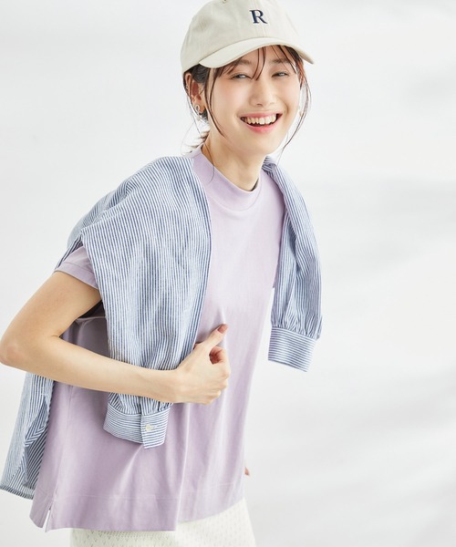 ROPE' PICNIC（ロペピクニック）の「ラク美tee/TRUE COTTONモックネックフレンチスリーブトップス（Tシャツ/カットソー・レディース・ブラック/オフホワイト/キャメル/グリーン/ラベンダー・38）」の9枚目の写真