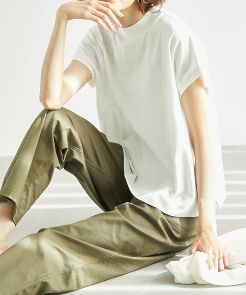 ROPE' PICNIC（ロペピクニック）の「ラク美tee/TRUE COTTONモックネックフレンチスリーブトップス（Tシャツ/カットソー・レディース・ブラック/オフホワイト/キャメル/グリーン/ラベンダー・38）」の16枚目の写真