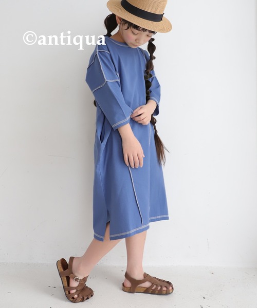 antiqua(アンティカ)の「綿100%アウトステッチ配色ワンピース(ワンピース・キッズ・ブラック/ブルー/カーキ・4/6/3/5)」の16枚目の写真