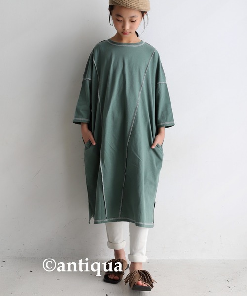 antiqua(アンティカ)の「綿100%アウトステッチ配色ワンピース(ワンピース・キッズ・ブラック/ブルー/カーキ・4/6/3/5)」の11枚目の写真