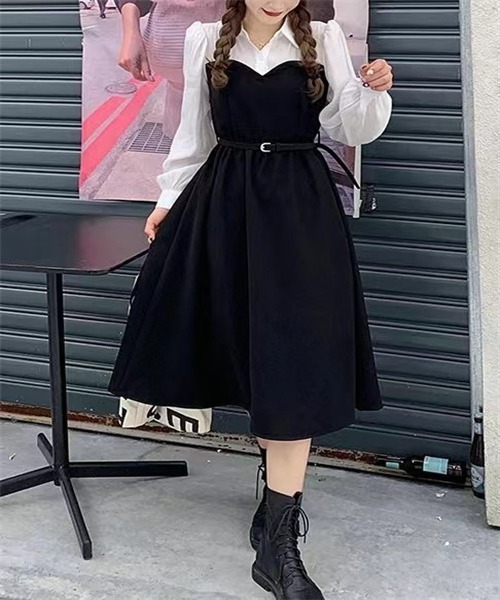Dream garden(ドリームガーデン)の「バイカラー セットアップ風フレアワンピース(ワンピース・レディース・ブラック/カーキ・2XL/XL/M/L/S)」の7枚目の写真