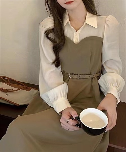 Dream garden(ドリームガーデン)の「バイカラー セットアップ風フレアワンピース(ワンピース・レディース・ブラック/カーキ・2XL/XL/M/L/S)」の21枚目の写真